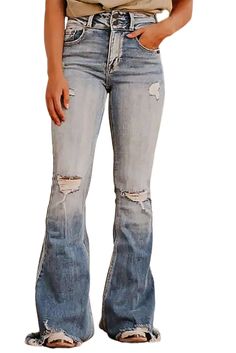 Material:75%Cotton+23%Polyester+2%Elastane Embrace a classic look with vintage appeal through our light wash jeans. The distressed and ripped details add a fashionable and contemporary edge, making the jeans a standout piece in your collection. The raw edge hemline contributes to a trendy and unfinished style, creating a fashion-forward look. The flared cut enhances your curves and adds a touch of vintage flair, making a bold statement in contemporary fashion. Size Chart (CM) Sizes Waist Hip Bot Light Wash Flare Jeans, Dusk Blue, Plus Size Sleepwear, Simply White, Stylish Clothes For Women, Light Wash Jeans, Blue Vintage, Plus Size Swimwear, New Tops