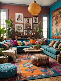 a living room filled with lots of colorful furniture and art hanging on the wall above