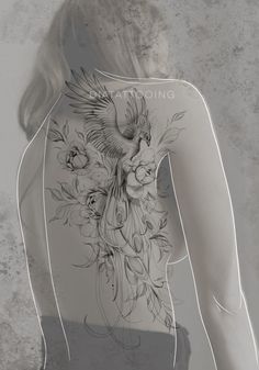 the back of a woman's body with flowers and birds painted on her chest