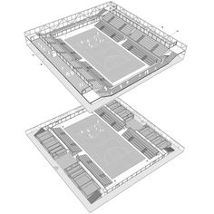 two perspective renderings of a basketball court