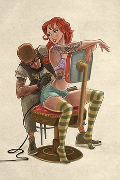 a drawing of a woman sitting in a chair next to a man with tattoos on his arm