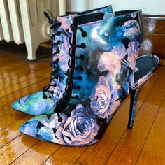 Spring Is Here And These Beauties Are Right On Trend With A Fabulous Floral Print. They Are The Perfect Mix Of A Sandal And Bootie. Rock These With Jeans, Jean Shorts Or A Dress! Spring Blue Booties, Blue Heels With Floral Print And Round Toe, Party Boots With Floral Print And Pointed Toe, Blue Floral Print Heels With Round Toe, Chic Blue Heels With Floral Print, Blue Lace-up Casual Heels, Chic Blue Floral Print Heels, Castle Furniture, Beach Rooms