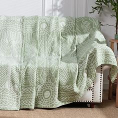 a couch covered in a green blanket next to a potted plant