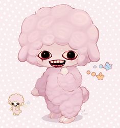 a cartoon character with pink hair and big eyes, standing next to a small poodle