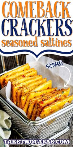 a poster advertising some crackers and seasoned saltines in a metal container on a wooden table