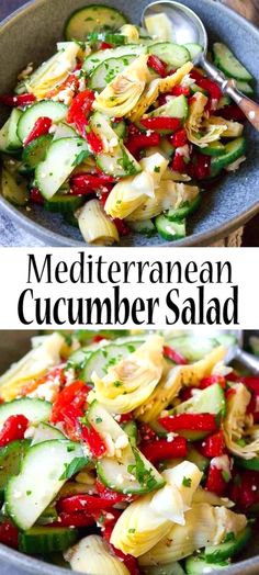 Cucumber, roasted red peppers and artichokes in a gray bowl, with parsley in background. Mediterranean Cucumber, Mediterranean Cucumber Salad, Mediterranean Recipes Healthy, Mediterranean Diet Recipes Dinners, Mediterranean Diet Meal Plan, Easy Mediterranean Diet Recipes, Fresh Salad Recipes, Best Salad Recipes, Cucumber Recipes