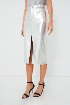 Silver Oaklyn Skirt | STAUD Silver Midi Skirt, Metallic Midi Skirt, Faux Leather Midi Skirt, Silver Skirt, Column Skirt, Metallic Skirt, Leather Midi Skirt, Fashion People, Luxury Fabrics