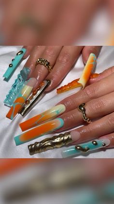 Blue Orange Nails, Nails Aesthetics, Moreno Valley, Gel Mani, Edgy Nails, Colored Acrylic Nails, Long Acrylic Nails Coffin