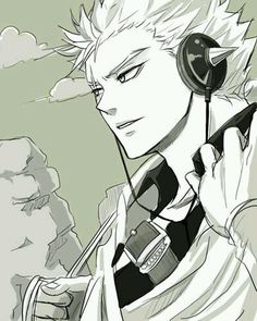 an anime character wearing headphones and holding a cell phone