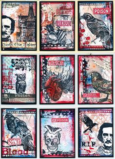 six different images of skulls and birds in red, blue, black and white colors