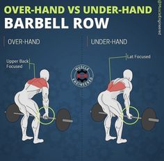 an image of a man doing barbell rows with the text over - hand vs under - hand