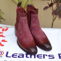 Crafted Leather Classic Men Chelsea Wingtip Boot in Burgundy and Suede Leather on Storenvy Brgn Chelsea Boots, Maroon Chelsea Boots, Luxury Leather Chelsea Boots For Men, Luxury Men's High-top Chelsea Boots, Luxury Men's Semi-formal Chelsea Boots, Wingtip Boots, Burgundy Boots, Quality Leather Boots, Burgundy Style