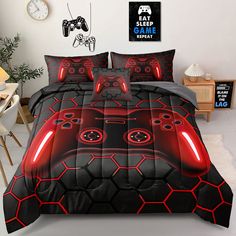 PRICES MAY VARY. 【Size】6 Pieces gamer bedding set full size include: 1 Comforter：80x90 inches /200x230 cm, 1 Fitted Sheet：54x75x16 inches /138x190x40cm, 1 Flat Sheet：81x96 inches/206x243cm, 2 Pillow Cases：20 x30 inches / 50x75cm,1 Cushion Cover：19x19 inches /46x46cm 【Material】 Fabric is made of microfiber.Comforter filling is polyester. Extremely soft material keeps you warm and cozy for all seasons. 【Design】Unique Design:Game console pattern for gamer bedding, the comforter color will be very u Boys Bedding Sets, Boys Game Room, Kids Comforter Sets, Dinosaur Bedding, Bag Video, Twin Size Comforter, Kids Twin Bed, Kids Comforters, Twin Comforter Sets