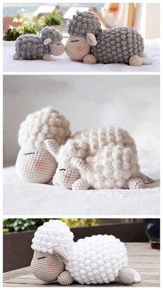 three different pictures of sheep made out of crochet