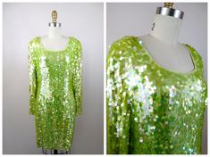 "This is a stunning sequined party dress from Black Tie Oleg Cassini! It's fully embellished with bright lime green pailette sequins and in excellent condition! Bust - 40\" Waist - 32\" Hips - 42\" Length - 36\" Tag Size - 14 (please refer to measurements) This dress comes from a pet-free and smoke-free home. If you would like more info or have any questions, please don't hesitate to ask!" Spring Contrast Sequin Fabric For Cocktail, Fitted Green Sequin Dress For Wedding, Glamorous Sequin Fabric For Cocktail In Spring, Green Sequin Cocktail Dress For Holidays, Green Sequined Holiday Dress, Holiday Green Sequin Cocktail Dress, Holiday Green Sequined Dresses, Green Glamorous Sequin Fabric For Party Season, Glamorous Green Sequin Fabric For Party Season