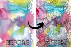 the before and after painting process with watercolors on paper, including an arrow