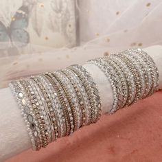 A set of two medium sized  Silver, Mirror & White bangle Stacks. Ready to ship. Sold as A set for both arms only. Stacked Bangles, Silver Mirror, Small Gift Boxes, Jhumka Earrings, Silver Mirrors, Silver Bangles