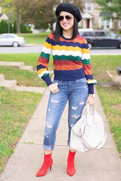 fun casual outfit for fall - multicolor striped sweater, ripped jeans, red Target sock booties, Givenchy nightingale, aviator sunglasses, and wool beret. Head over to www.OneAwesomeMomma.com for more fall outfit ideas. #fallfashion #fallstyle #momstyle #momfashion Givenchy Nightingale, Red Target, Outfit For Fall, Jeans Outfit Winter, Jeans Outfit Fall, Sock Booties, Wool Beret, Practice Outfits