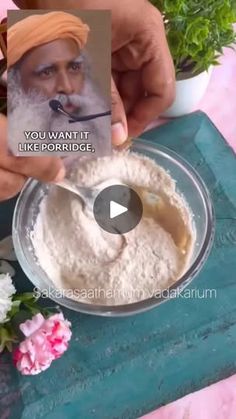 an old man is mixing something in a bowl with a spoon to make it look like he's doing something