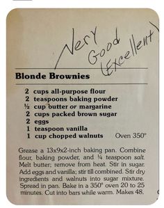 an old recipe for brownies with instructions on how to make them in the microwave