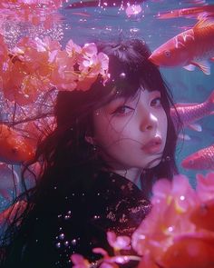 a woman with long hair standing under water surrounded by pink flowers and goldfish in the background