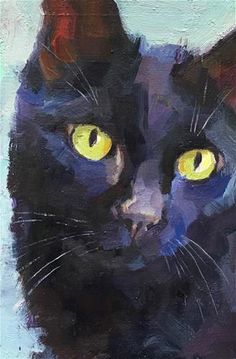 a painting of a black cat with yellow eyes