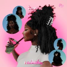 a woman drinking from a straw in front of her face with multiple photos around her