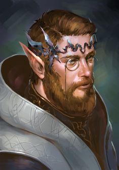 a digital painting of a man with glasses and a crown on his head, wearing armor