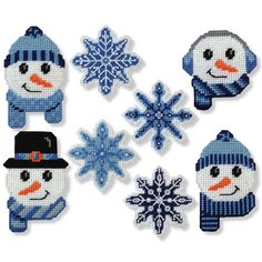 cross stitch snowmen with hats and scarves on them, all in different colors