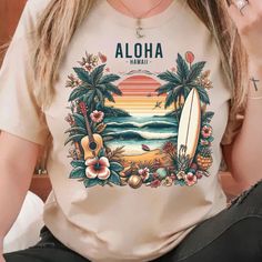 Aloha Hawaii Shirt, Summer Beach Shirt, Hawaii Vacation Tee, Tropical Flower Shirt, Summer Palm Beach T-Shirt, Women Beach Shirt. 🚨 ATTENTION 🚨 📏 PLEASE REVIEW THE "SIZE CHART" IN THE IMAGES BEFORE ORDERING. 📏 🛒 HOW TO ORDER 🛒 *🖼️ Please review all the photos carefully. *👕 Choose your t-shirt size and color. *✍️ Add any personalization or notes to the seller, if available. *🛒 Click "Add to Cart". You can return to add more shirts if needed. *🛍️ Click "Proceed to Checkout". *🚚 Select your preferred shipping option: USPS Standard Shipping, USPS Priority Mail, UPS 2nd Day Air, UPS Next Day Air. Please note that the shipping option cannot be changed after placing your order. *💬 During checkout, feel free to include any special requests in the notes to the seller section. If you can Bohemian Crew Neck Shirt For Vacation, Bohemian Short Sleeve Beach T-shirt, Summer Hawaiian Shirt For Surfing, Tropical Print Short Sleeve T-shirt, Bohemian Short Sleeve Tops For Beach Party, Hawaiian Graphic Print Surfing Shirt, Hawaiian Shirt With Sublimation Print For Vacation, Graphic Print Hawaiian Shirt For Beach Season, Hawaiian Shirt With Graphic Print For Beach Season