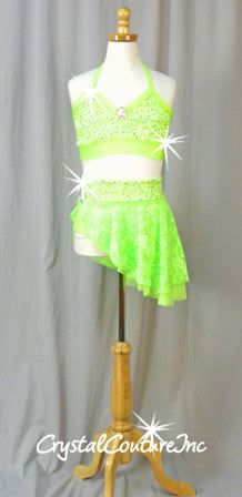 Neon Green floral lace 2 piece custom made costume. Halter top is Green sequin zsa zsa fabric underneath Neon Green floral lace, decorated with Swarovski rhinestones. Skirt has matching waistband with asymmetrical layers of Neon Green lace and mesh sheer. Separate Pink lycra booty short included. Costume is decorated with Swarovski rhinestones and Crystal rhinestone brooches. Great colorful costume, amazing on stage! * Over 1.5 gross Swarovski Xirius Crystal AB rhinestones! Made Costume, Baggy Clothing, Halter Top And Skirt, Sequin Jewelry, Costumes Couture, Zsa Zsa, Lace Halter Top, Sequin Appliques, Tutu Costumes