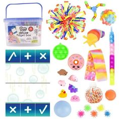 an assortment of toys and crafts for kids