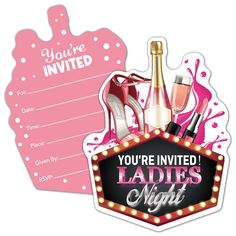 a party card with high heel shoes, lipstick and champagne bottles on the label that says you're invited ladies night