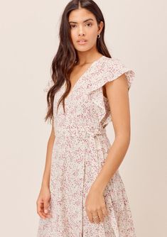 Cute Flutter Sleeve Floral Wrap Maxi Dress | LOVESTITCH Flowy V-neck Ruffle Dress For Garden Party, Feminine V-neck Tiered Summer Dress, Summer Dress With Ruffled Skirt And Flutter Sleeves, Flirty Ruffled Wrap Dress, Flirty Wrap Dress With Ruffles, Feminine Chiffon Maxi Dress With Ruffle Hem, Chiffon Maxi Dress With Ruffle Hem And Short Sleeves, Flirty Dress With Ruffle Hem And Surplice Neckline, Floral V-neck Chiffon Dress With Ruffles