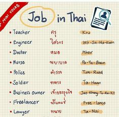 a list of jobs in thai language on a piece of paper with the words job in thai