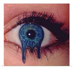 an eye with water dripping from it's iris, and blue eyeshade