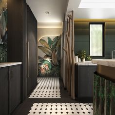 a bathroom with black and white tile flooring next to a bathtub, sink and window