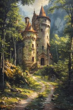 a painting of a castle in the woods