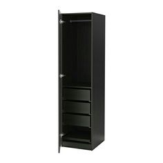 a tall black cabinet with two drawers on one side and an open door to the other