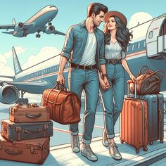 a man and woman are walking towards an airplane with luggage on the tarmac next to them