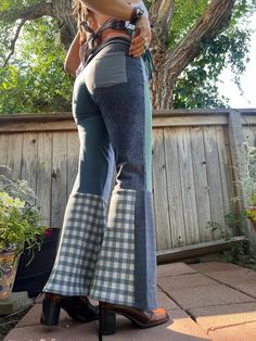 This listing is for the one of a kind, eco made, patchwork janis Flare Bells.   These are a new spin version of my gauchos with a fitted leg through knee and a flare bell bottom leg. Wear these high waisted, or fold down the waistband.   The colors of these flare bells are muted, cooler mix of blues, cream, soft turquoise, gray, in prints of solids, plaids. The added extras are  the handmade front and  back pockets.  NOTE: One of a kind eco fringe halter top and handmade jewelry are also availab Hippie Shoes With Bell Bottoms, Diy Flare Pants, Muted High Waist Pant, Bell Bottom Pants Hippie, Flare Jeans Patchwork, Bellbottom Pants Outfits, Patchwork Bell Bottoms, High Waist Patchwork Flare Jeans, Bell Bottom Jeans With Fabric Insert