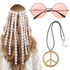 PRICES MAY VARY. 【70s Hippie Costume Set】3 pieces hippie accessories set including 1 piece sign beaded necklace, 1 pair of stylish 60's hippie sunglasses, and 1 piece flower crown headband that shows the hippie spirit of the 60s and 70s and makes you the focus of the theme party. 【Hippie Flower Headband】Made of durable fabric with flowers and leaves neatly arranged on the headband, the special daisy flower style will make you look fresh and charming; adjustable by beads/ribbons, fits most adult' Easy Hippie Hairstyles, Daisy Sunglasses, Hippie Glasses, Hippie Sunglasses, Sunflower Headband, Hippie Accessories, 60s Hippie, Headband Gold, Peace Sign Necklace