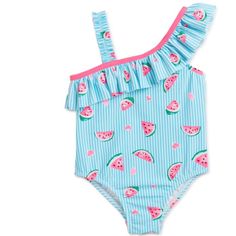 Wonder Nation Infant Toddler Girls New Watermelon Swimsuit Sizes: 12 Months Height 28-29.5" Weight 19.5-22 Lbs Or 3t Height 34-37.5" Weight 30.5-34 Lbs 84% Polyester 16% Spandex Lining Polyester Machine Washable Buy It Now Cute Swimwear For Spring Playwear, Cute Green Swimwear For Summer, Fun Pink Cotton Swimwear, Beach Bathing Suits, Watermelon Print, Bath Girls, Spandex Top, Ruffle Swimsuit, Striped Swimsuit