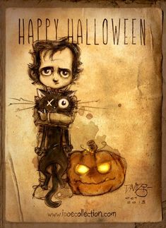 a drawing of a boy holding a cat with glowing eyes in front of a pumpkin