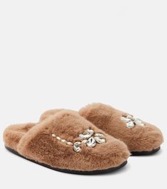 Embellished Faux Fur Slippers in Neutrals - Simone Rocha | Mytheresa Elegant Flat Beige Slippers, Elegant Beige Flat Slippers, Elegant Beige Flat Heel Slippers, Elegant Beige Round Toe Slippers, Chic Beige Flat Slippers, Luxury Formal Slippers With Flat Heel, Elegant Brown Slippers With Round Toe, Cloth Slippers, Elegant White Dress