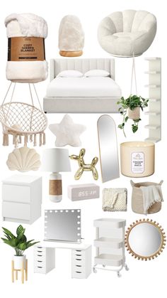 a collage of white furniture and accessories including a bed, chair, mirror, table, planter