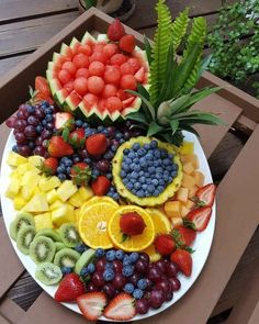 a white plate topped with lots of fruit