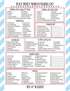 the disney world packing list is shown in red and blue