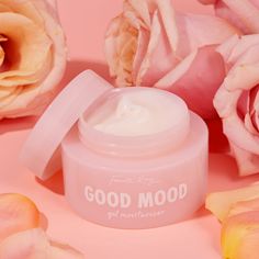 Good Mood gel moisturizer , with an open lid ; in front of pink roses Pevonia Skincare, Sticker Photoshoot, Watermelon Rose, Beauty Commercial, Fourth Ray, Fourth Ray Beauty, Almond Fruit, Penyimpanan Makeup, Face Massager Tool