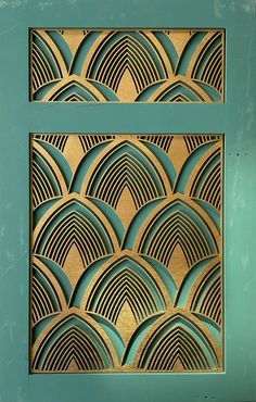 two art deco panels with gold and silver designs on them, one is made out of metal